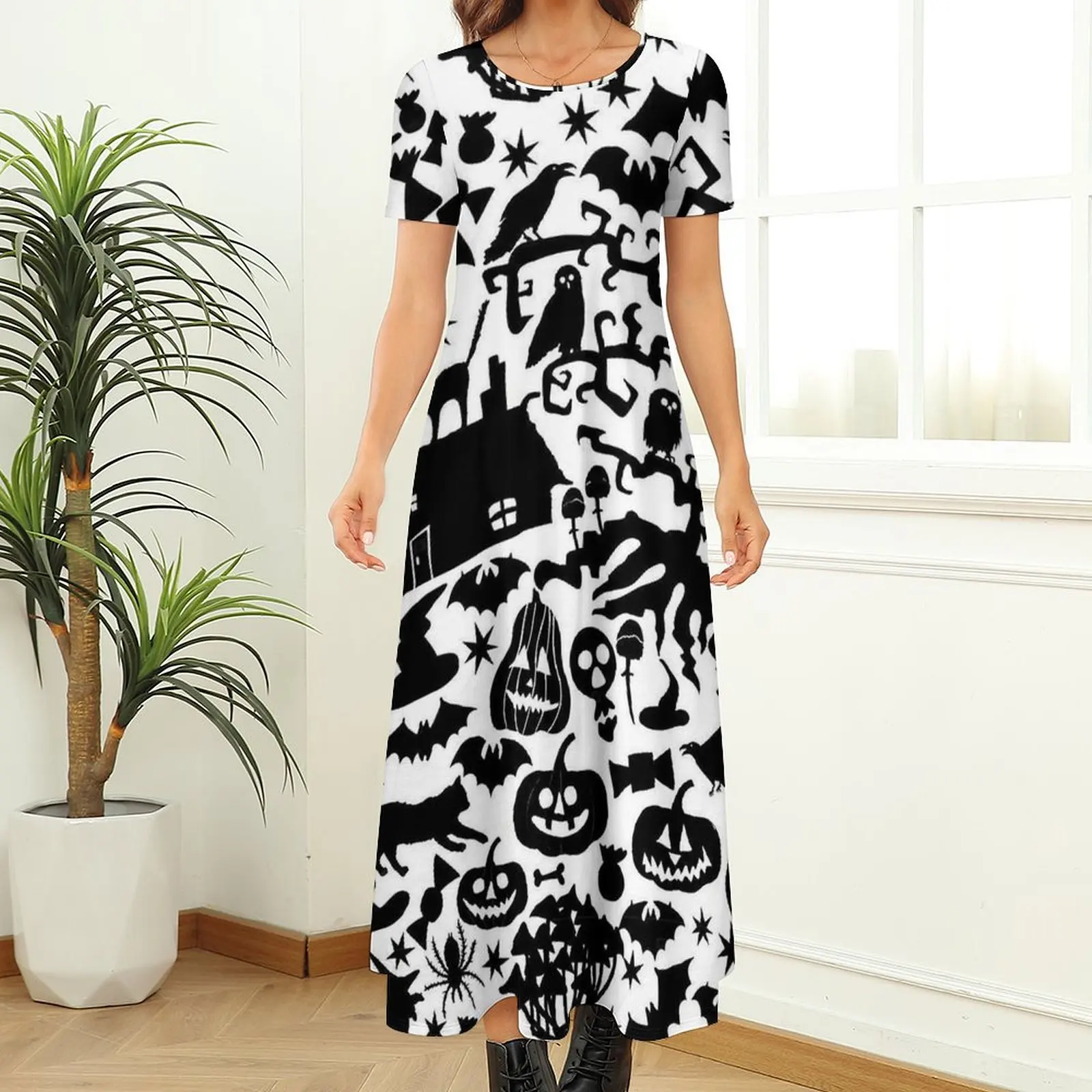 Halloween Scary Evil Pumpkin Dress  Kawaii Maxi Dress Woman Short Sleeve Aesthetic Bohemia Long Dresses Big Size 6XL 7XL