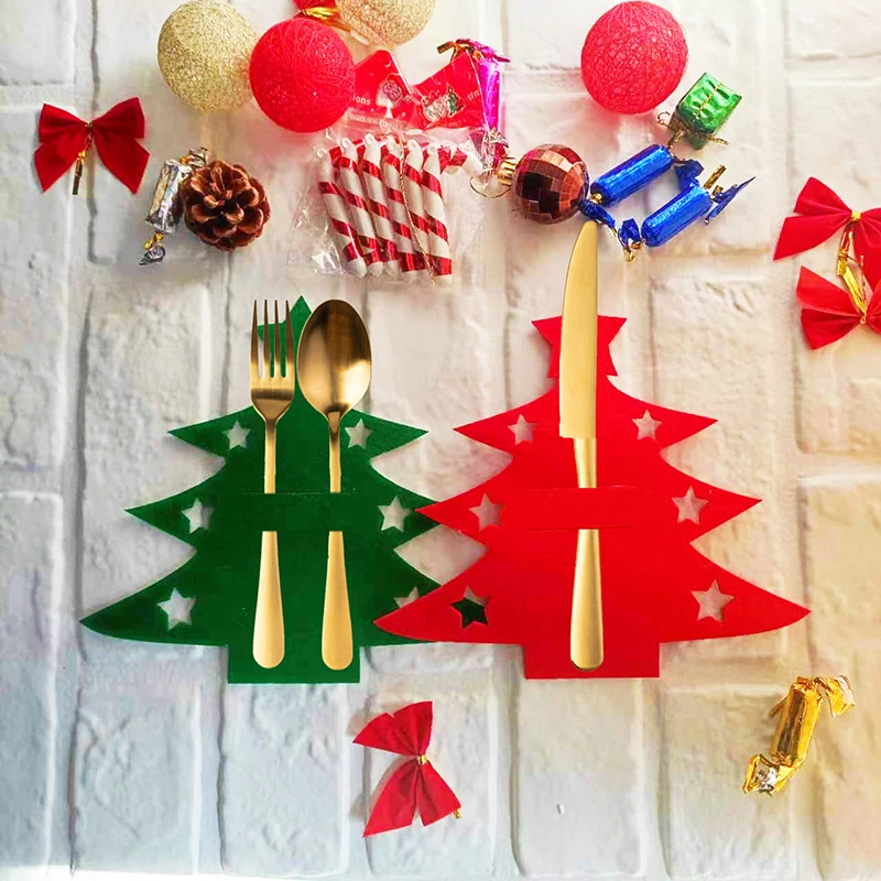 10pcs Christmas Knife and Fork Holder Elk Xmas Tree Pocket Cutlery Bag Non-woven fabric Cookware Organizer Table Decor view 3