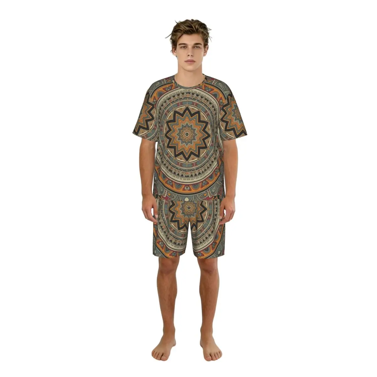 

Men's Short Sleeve Shorts Pajama Set Ethnic Floral Abstract Vintage Mandala Sleepwear Casual Nightwear Home Wear Suit