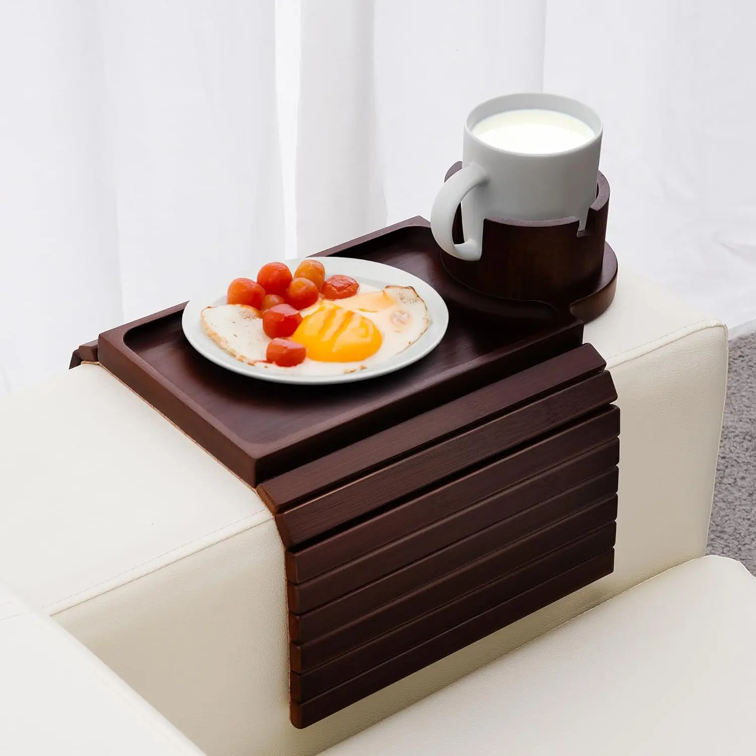 

！@Combohome Handmade Bamboo Wood Black Armrest Table Tray Foldable Bamboo Sofa Arm Tray With Phone Holder