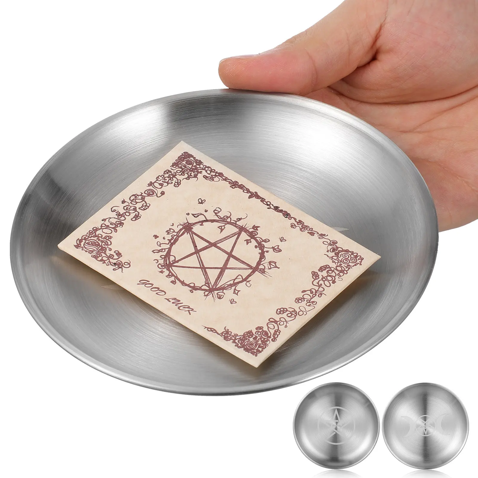 2Pcs Pentagram Moon Altar Plate Silver Plated Iron Tray for Jewelry Crystals Ritual Items Prayer Bowl Witchcraft Wiccan Tarot