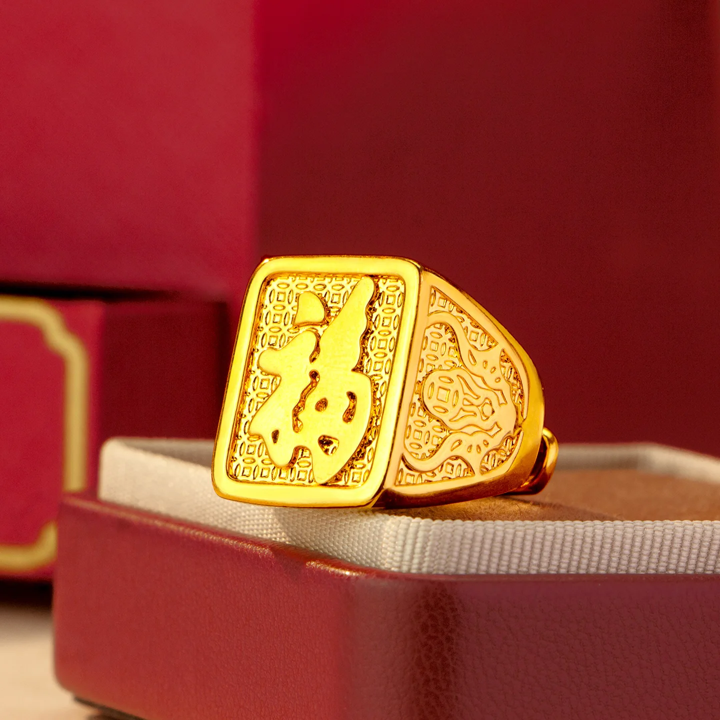 Luxury 24K 9999 Pure Gold real gold Fu character ring men's fashion square ring