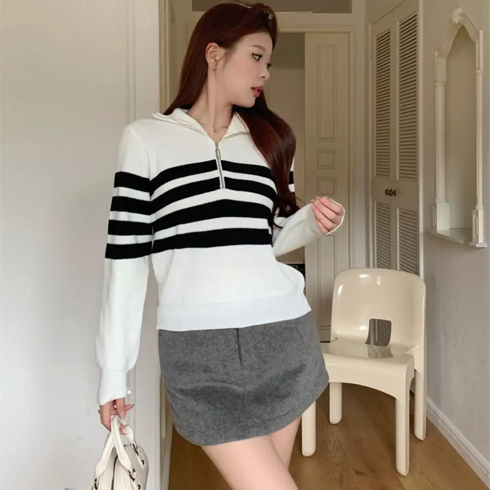 

Simple Long Sleeve Knit Stripe Sweater Slim Fit Autumn Winter Knitted Crop Top Zipper Soft Sweet Girl's Pullover Women