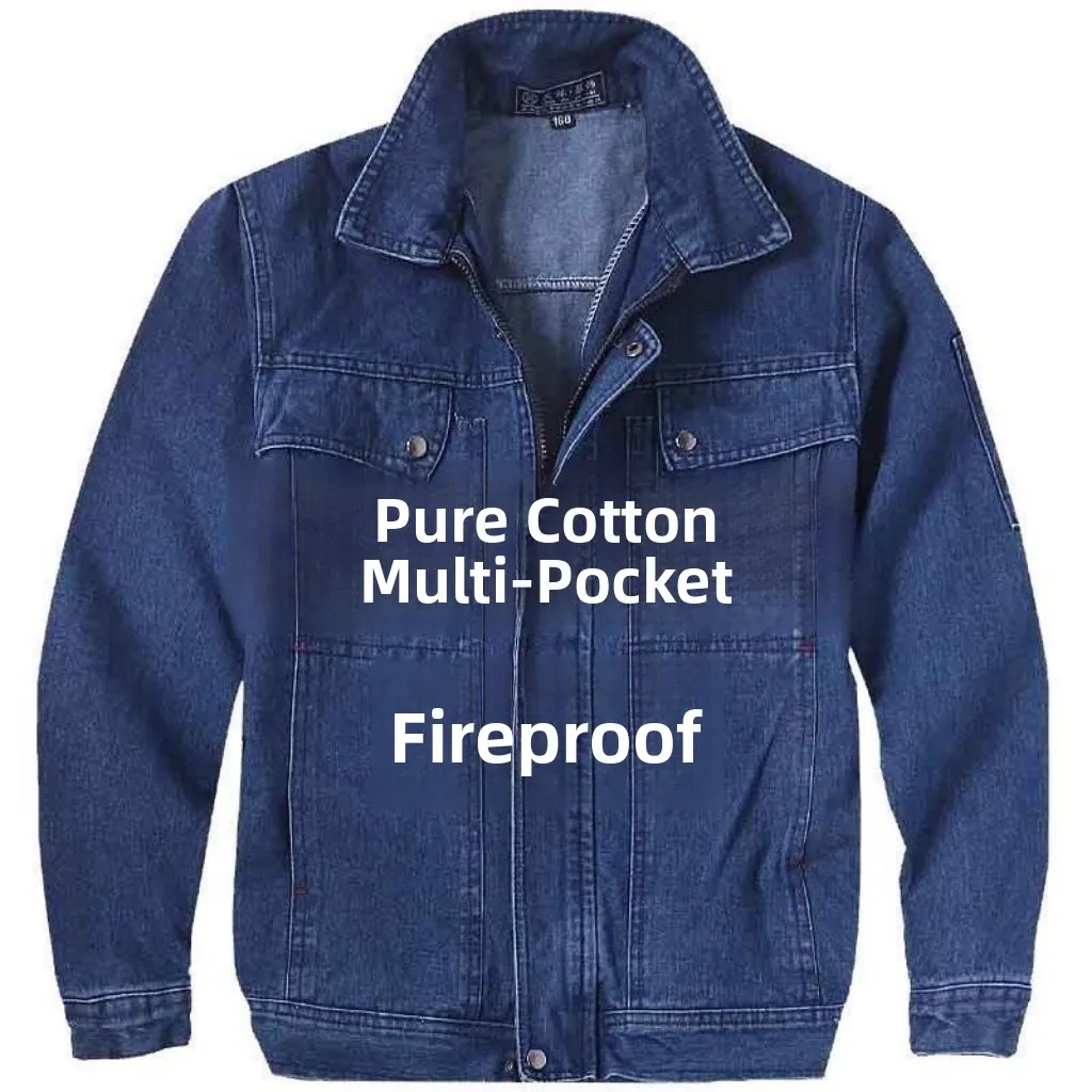 

Мужской джинсовый рабочий костюм из чистого хлопка, износостойкий, эластичный, с защитой от ожогов, для сварки и защиты от брызг.