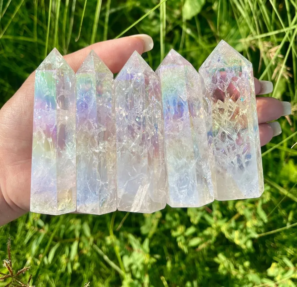 Natural Rainbow Aura Fire and Ice Crystal Tower Crackle Quartz Point Home Decor