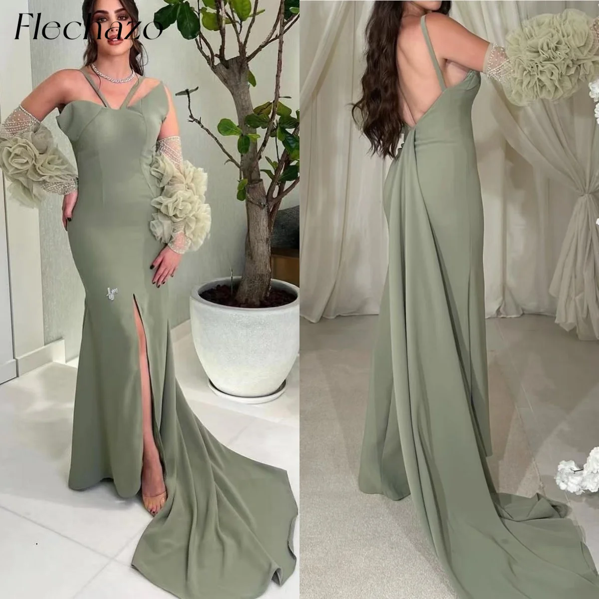 

Flechazo Sage Green Evening Dresses Sexy Backless High Slit Floor-Length Formal Party Dress For Women 2024 vestidos de noche