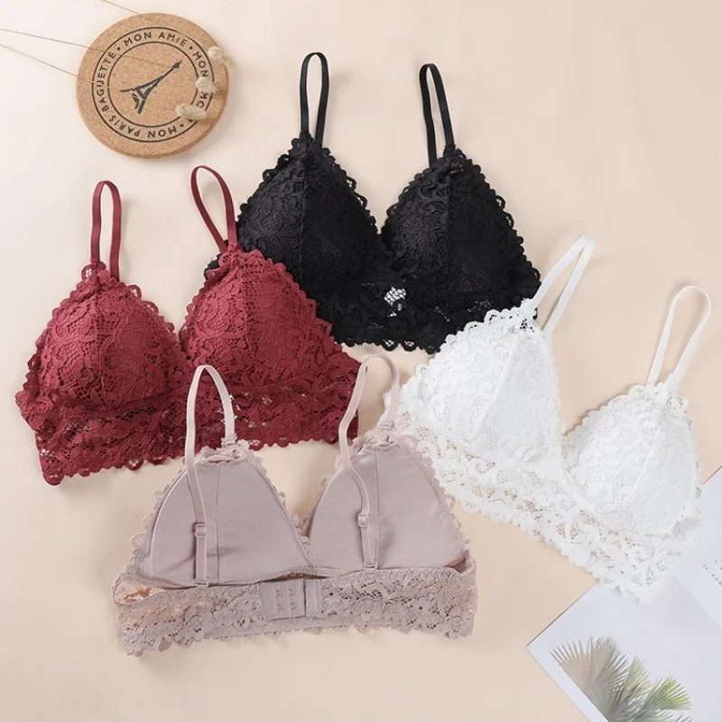 Women Bralette French Style Lace Bra Girls Triangle Cup Lingerie Deep V Bras Wireless Underwear Soft Thin Seamless Push Up Bra