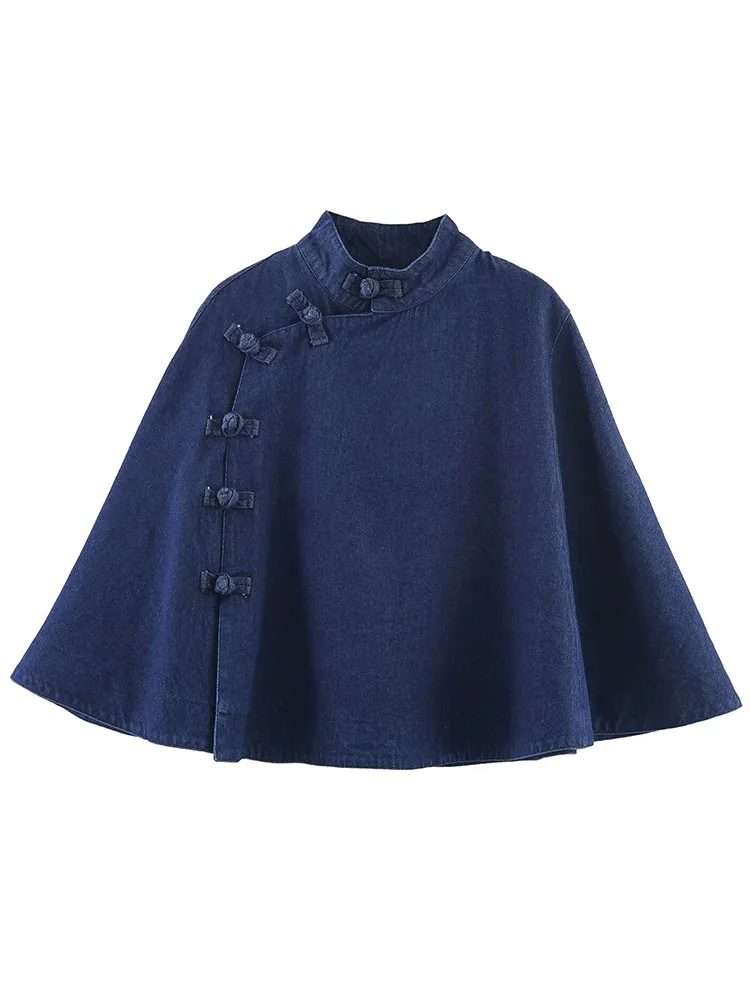 

Women Cloak Coat 2025 Fall Winter New Women Fashion Solid Color Knot Decoration Denim Cloak Coats Women Leisure Loose Coats