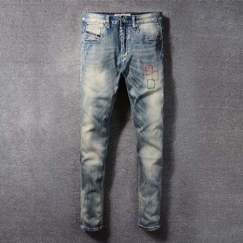 

Italian fashion designer men's jeans retro washed retro blue elastic slim fit split jeans men's casual pants retro jeans Hombre