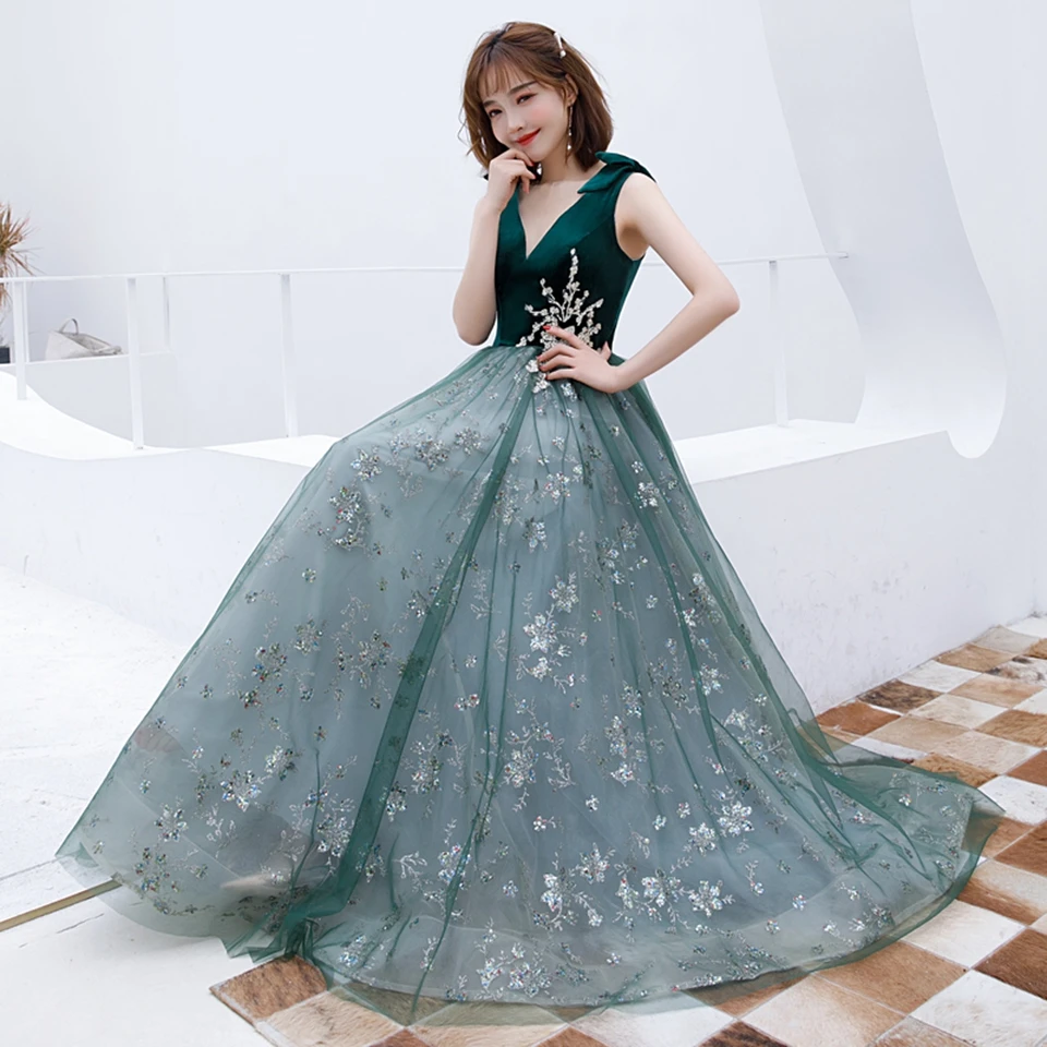 Elegante velluto verde A-Line oro tulle applicazioni senza spalline con fiocco abiti da sera principessa banchetto festa abito da ballo 2022