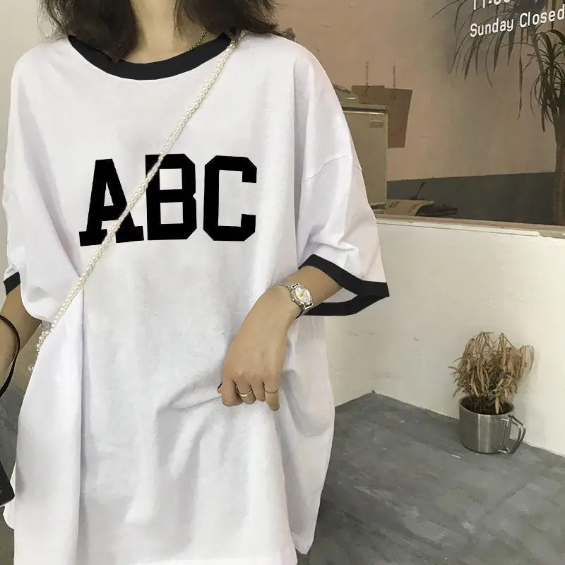 Stitched contrasting letter printed short sleeved T-shirt for women summer new student Harajuku style loose and foreign style