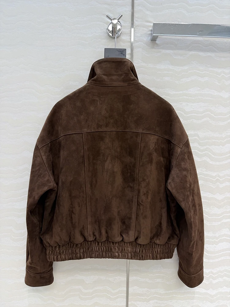 

Autumn winter New style Flip collar Button Zipper Pocket Design Sheepskin Material Woman green Retro Genuine leather coat