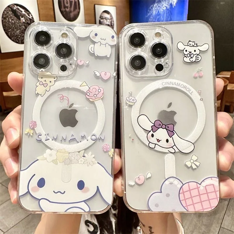 Sanrios Bow Cute Cinnamoroll Magsafe Magnetic Phone Case for IPhone 16 15 14 13 12 11 8 7 Plus Pro Max X XR XSMax Clear Cover