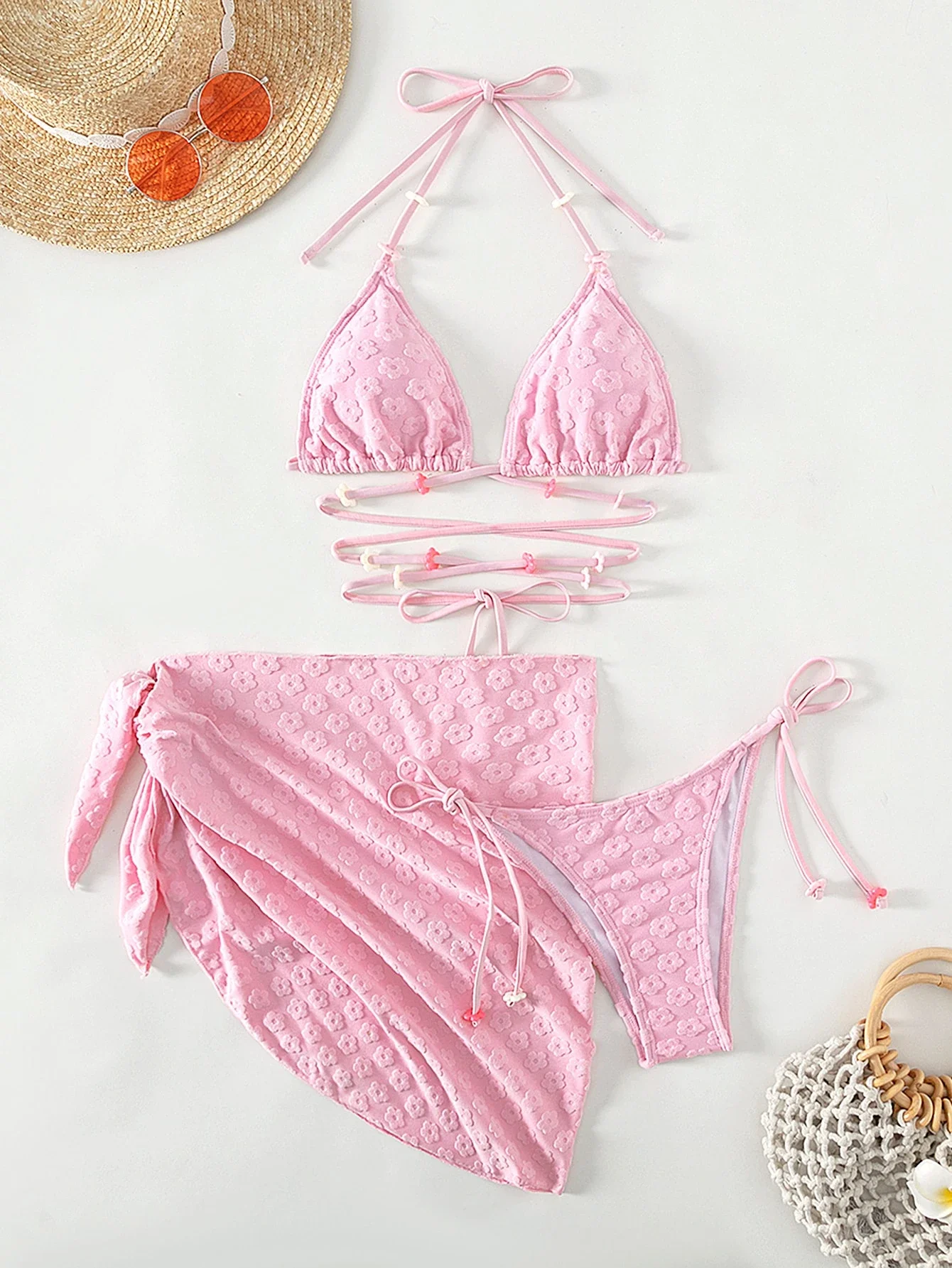 

Pink Floral Flocked Halter Triangle Bikini Set With Tie Side Bottom And Beach Skirt 3 Piece
