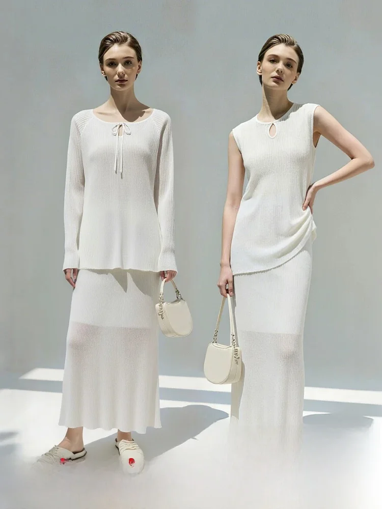 

Spring New Arrival Women's Knitted Vest Top And Skirt Set Long Sleeve round Neck Polyester Fiber Fashion Ensemble Three Pieces