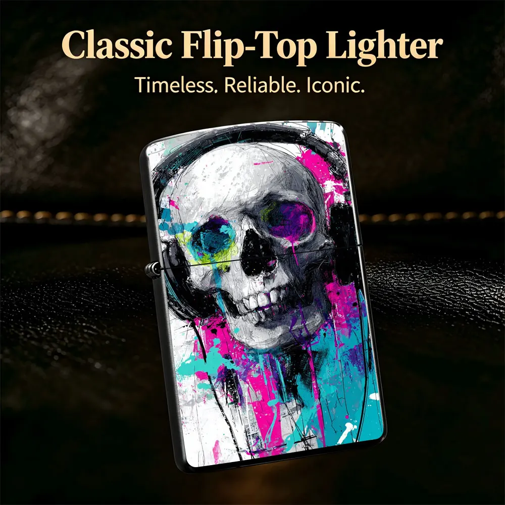 Pocket Lighter, Skull with Headphones & Sunglasses Art Print, Metal Flip-Top Windproof Design, Comfortable Grip, Portable & Durable