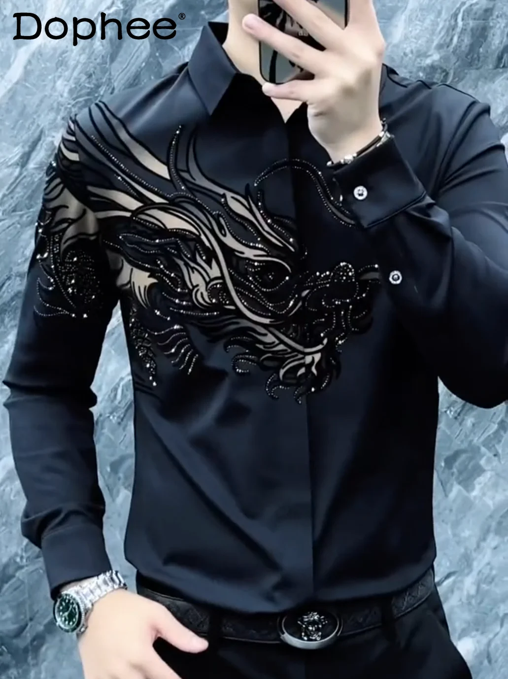 

Autumn Winter New Heavy-duty Rhinestone Long-sleeve Turn-down Collar Shirt Fashion Trendy Casual Versatile Handsome Men's Shirt