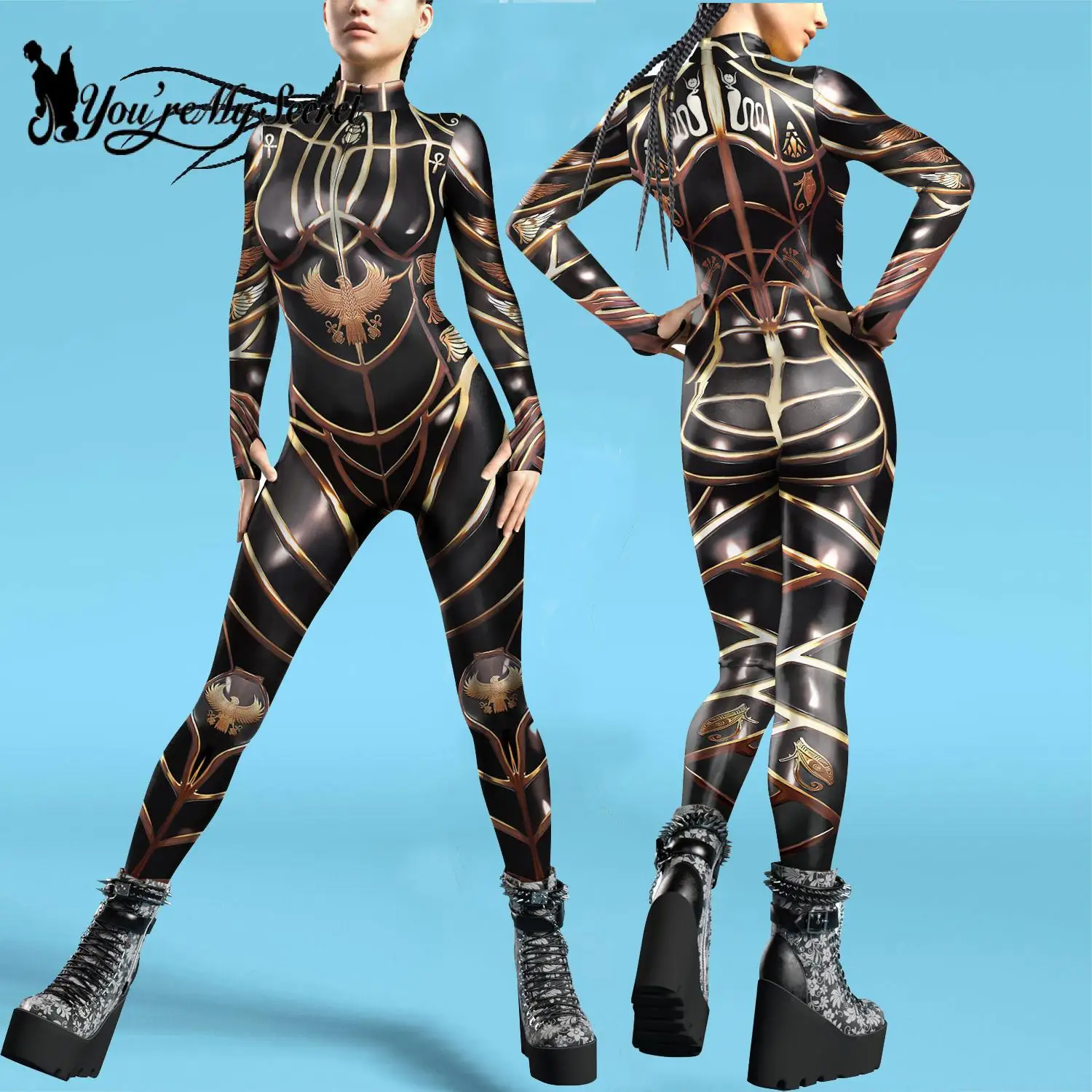 

[You're My Secret] Women Egyptian Pharaoh Bodysuits Thumb Design Jumpsuits Front Zipper Cosplay Costume Halloween Party Outfit