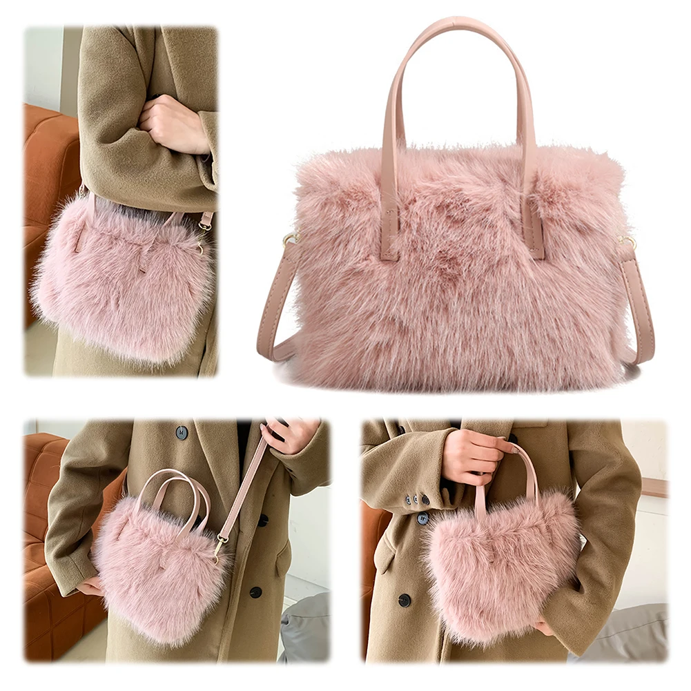 

Women Faux Fur Shoulder Bag Fluffy Handbag Adjustable Strap Mini Tote Bag Solid Color Satchel Purse for Travel Party