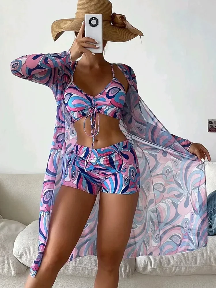 Costume da bagno tropicale a vita alta in tre pezzi da donna sexy a maniche lunghe Cover Up 2023 costume da bagno estivo push up da spiaggia