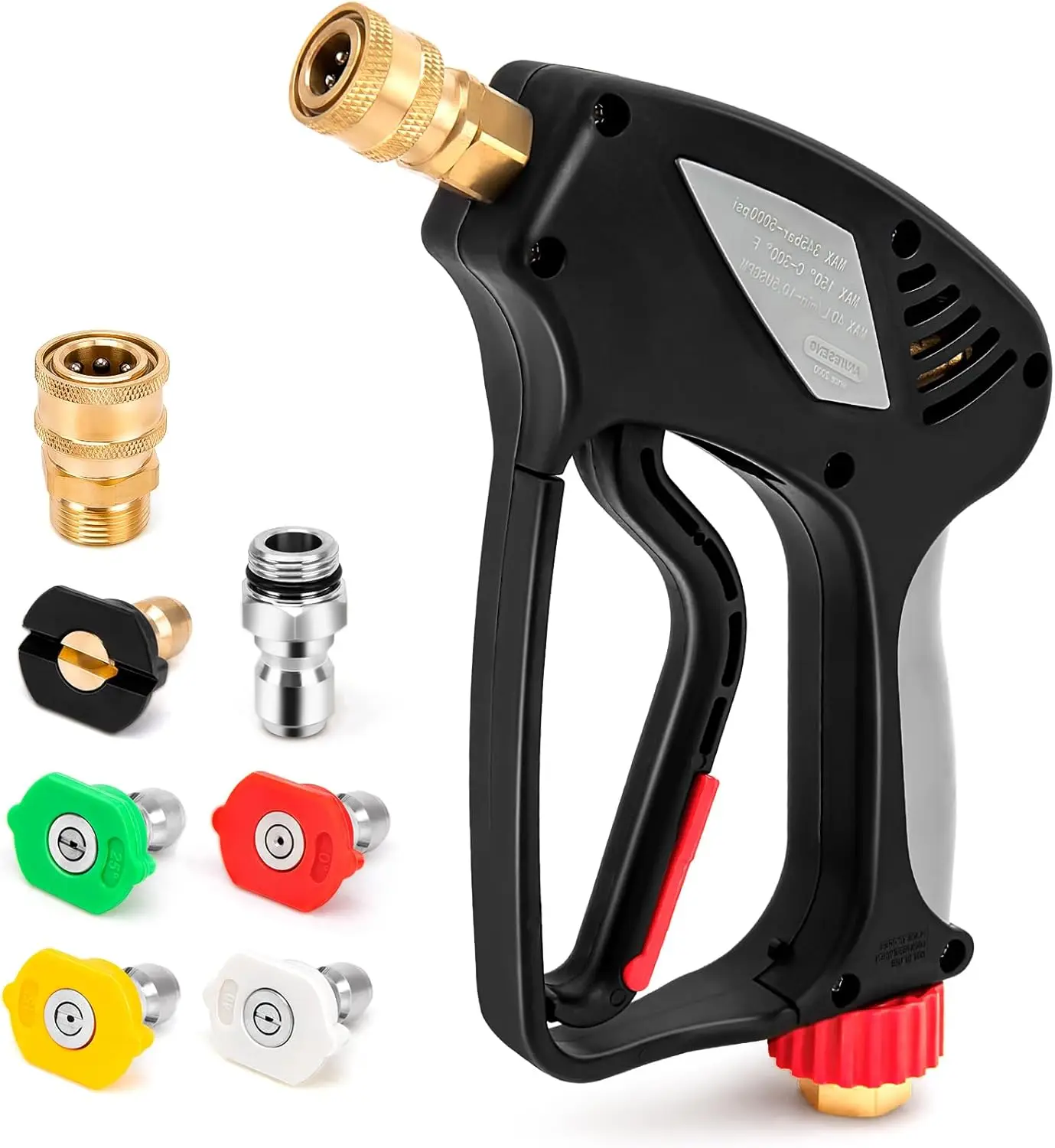 

Short Pressure Washer Gun, 5000 PSI, 10.5 GPM, 5 Nozzles, 3/8' Swivel Connector, M22-14mm Male, Fits Most Washers