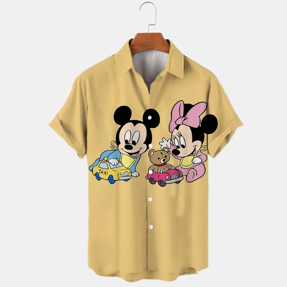 

New Summer 2022 Disney Stitch and Mickey Brand Cartoon Casual 3D Printed Short Sleeve Lapel Shirt Slim Fit Men's Top