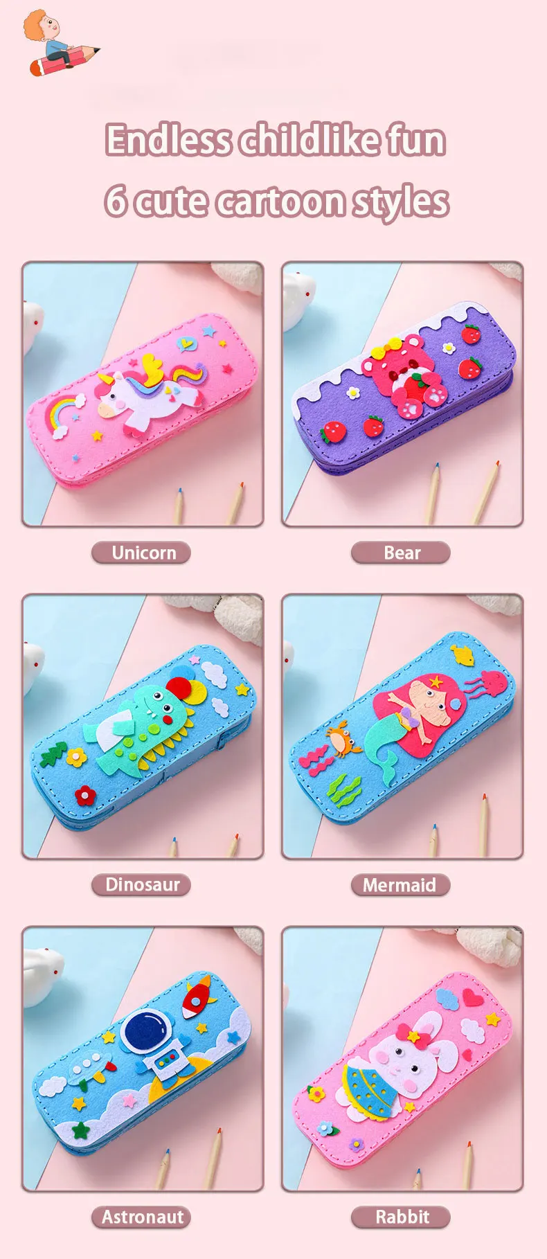 Nähen für Kinder, Schreibwaren-Tasche, handgefertigte Material-Sets, niedlicher Cartoon-Vliesstoff, Schnürung, Federmäppchen, Basteln für Kinder, Kleinkinder – Detail 4
