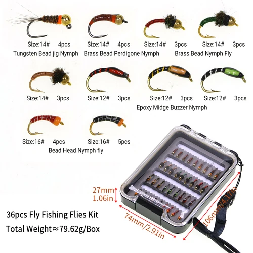 Imagen 2 del producto Juego de moscas de pesca con mosca hechas a mano, zumbador epoxi, ninfas perdigona con cabeza de cuentas de tungsteno/latón para pesca de trucha, lubina y Panfish, 36 Uds.