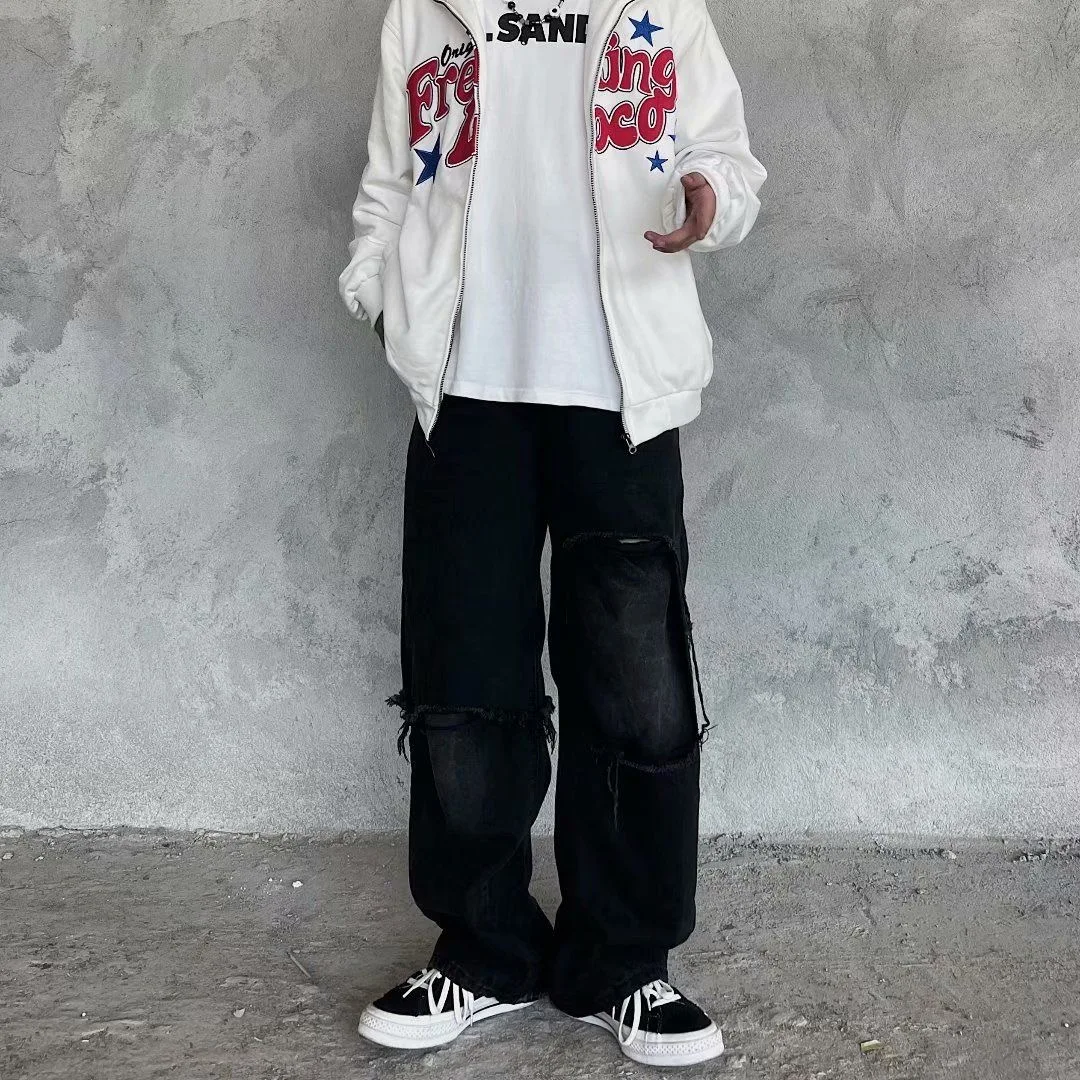 ARENS جينز ممزق للرجال جينز واسع الساق الهيب هوب سراويل جينز رجالي عتيق ملابس الشارع اليابانية مرقعة بفتحات