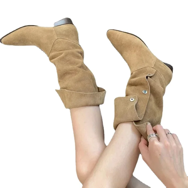 Women Retro Pleated Knee High Cowboy Boots 2024 Autumn High Heels Pointed Toe Thick Heeled Botas Western Boots Woman Long Botas image 4