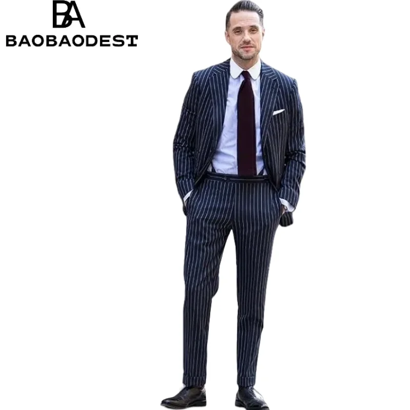 

Men's Slim Fit Striped Suit 2-Piece Set - Single Button Notch Lapel Tuxedo, Business Formal Wedding Dinner Blazer & Pants