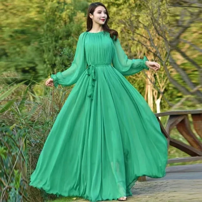 Beach Chiffon Super Long Dress Women's New Arrival Spring Autumn Chic Dress  Elegant Long-Sleeved Loose Lace-Up Slim Dresses - AliExpress 200000345
