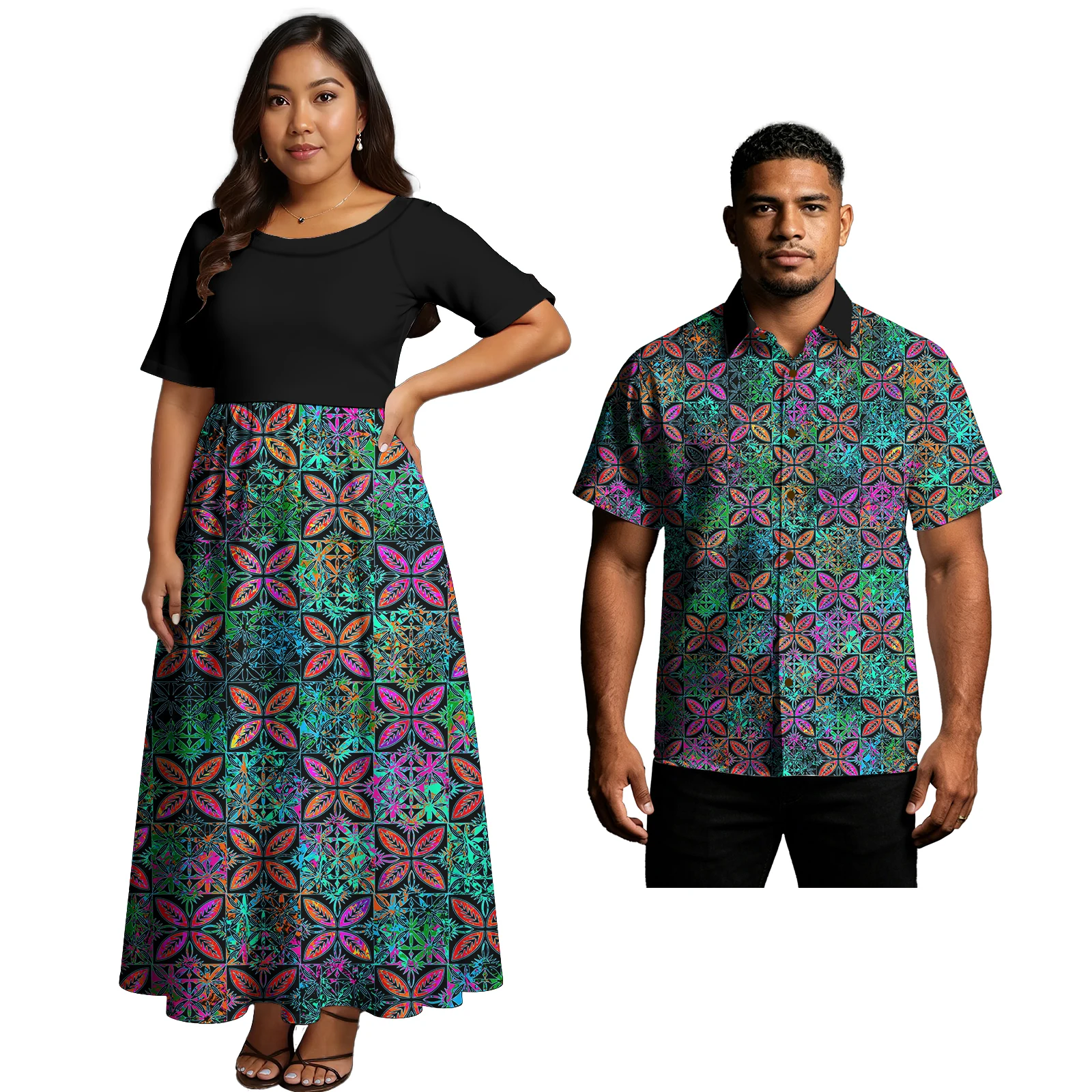 Unisex Clothes Samoan Polynesia Women Elegant Big O-Neck Long Dress Men Casual Shirts Hawaiian Floral Print Match Couple Outfits