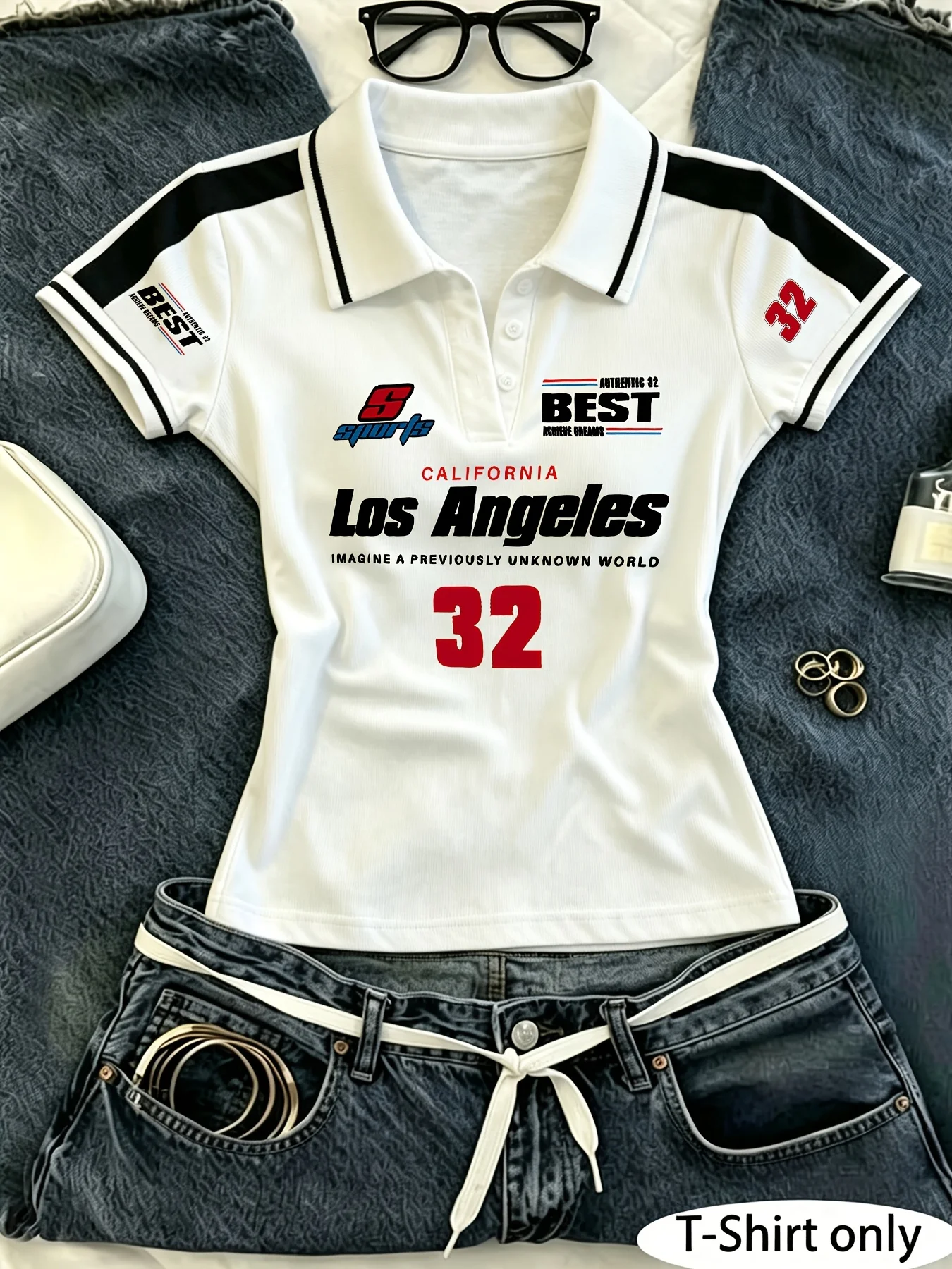 Women’s Y2K Cropped Polo Shirt, Los Angeles California Racing Number 32 Multi‑Print Contrast Stripe Short Sleeve