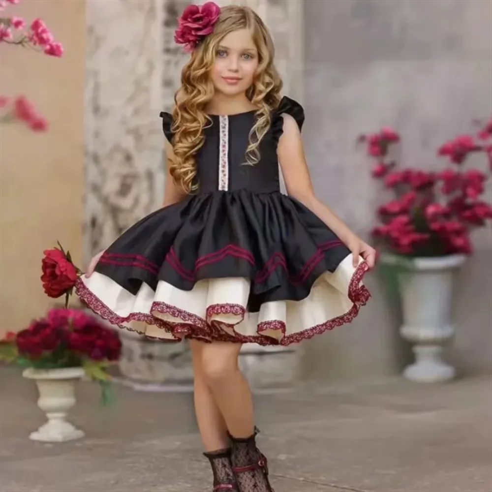 

Black Flower Girl Wedding Dress Appliques Lace Puff Ball Gown First Communion Birthday Party Special Occasion Gown Customized