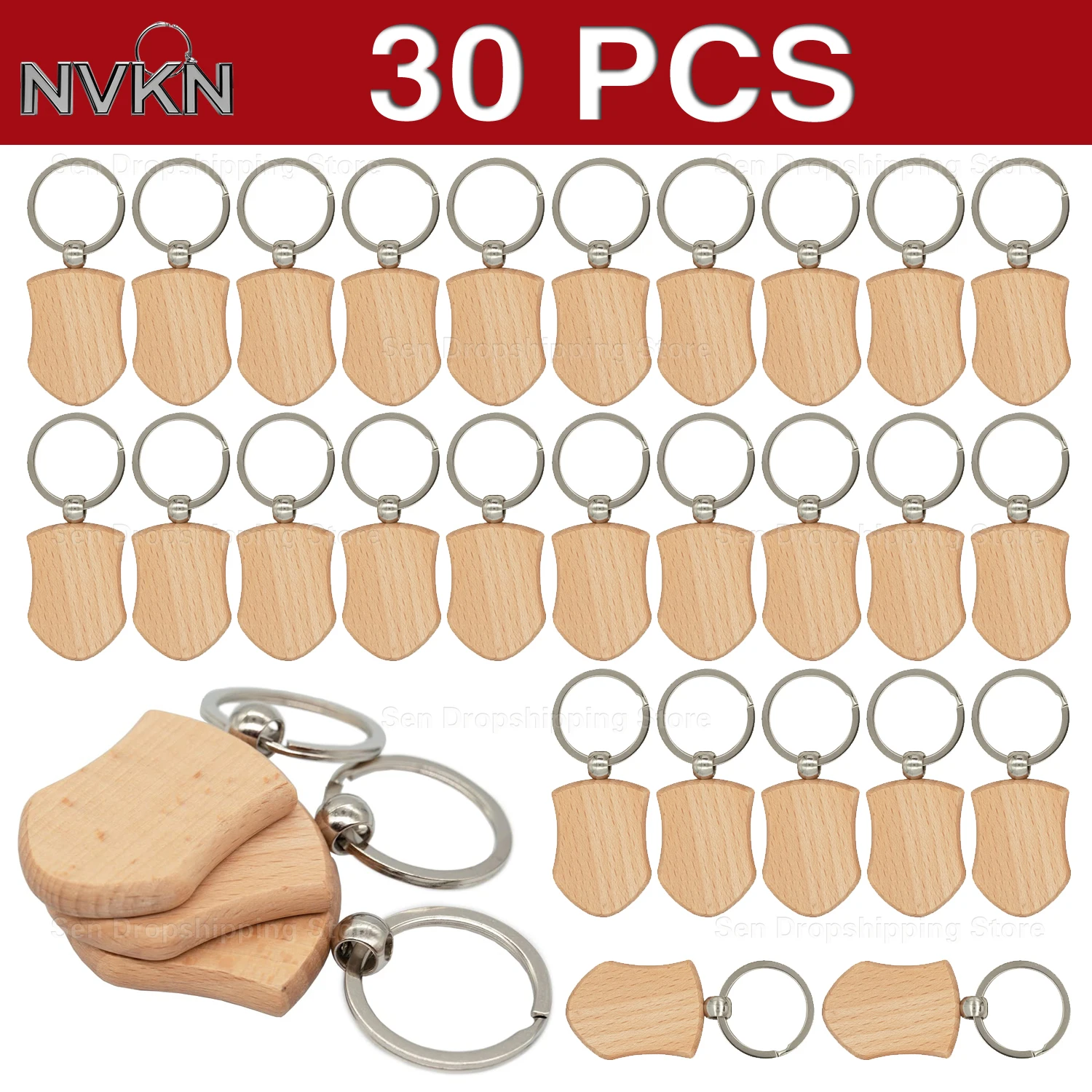 30Pcs Wooden keychain, creative key ring as a couple's gift - the blank shield-shaped wooden keychain can be used for DIY.