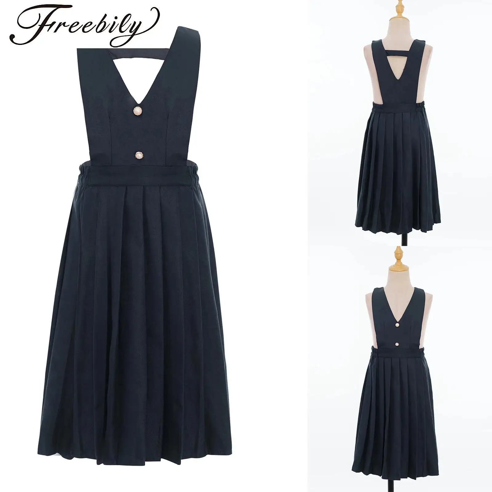 

Kids Girls School Uniform V-Neck Sleeveless Pleated Overall Skirt Dress Recitation Chorus Performance Costume Birthdays Clothes