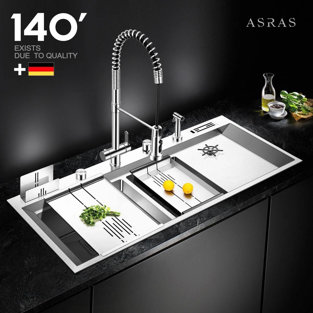 ASRAS 304SUS stainless steel kitchen large double basin handmade sink thickened panel 120cm long