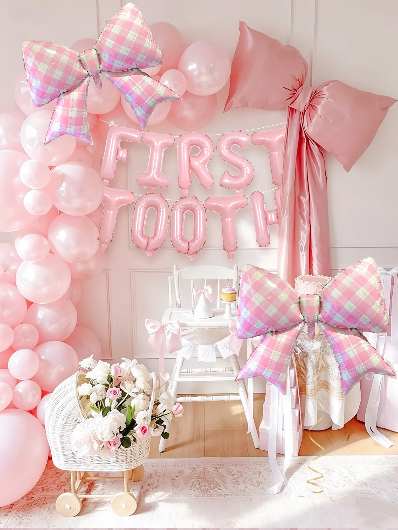 12-piece first tooth themed balloon set, including 16-inch letter balloons and checkered bow balloons, suitable for first birthd