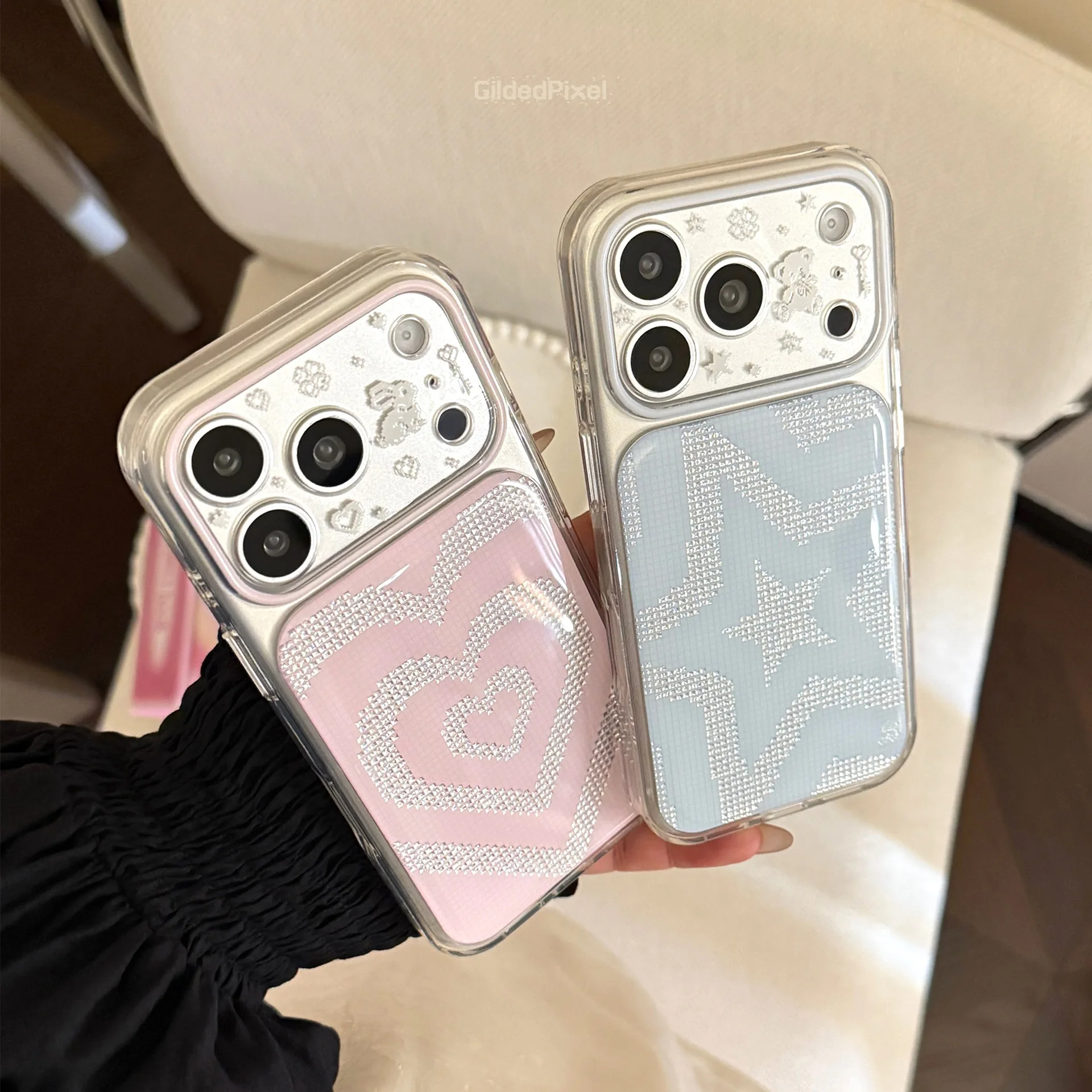 ins Pixel Style Sliver Love Heart Stars Pattern Drop Glue Phone Case For iPhone 17 16 15 14 Pro Max Clear Shockproof Soft Cover