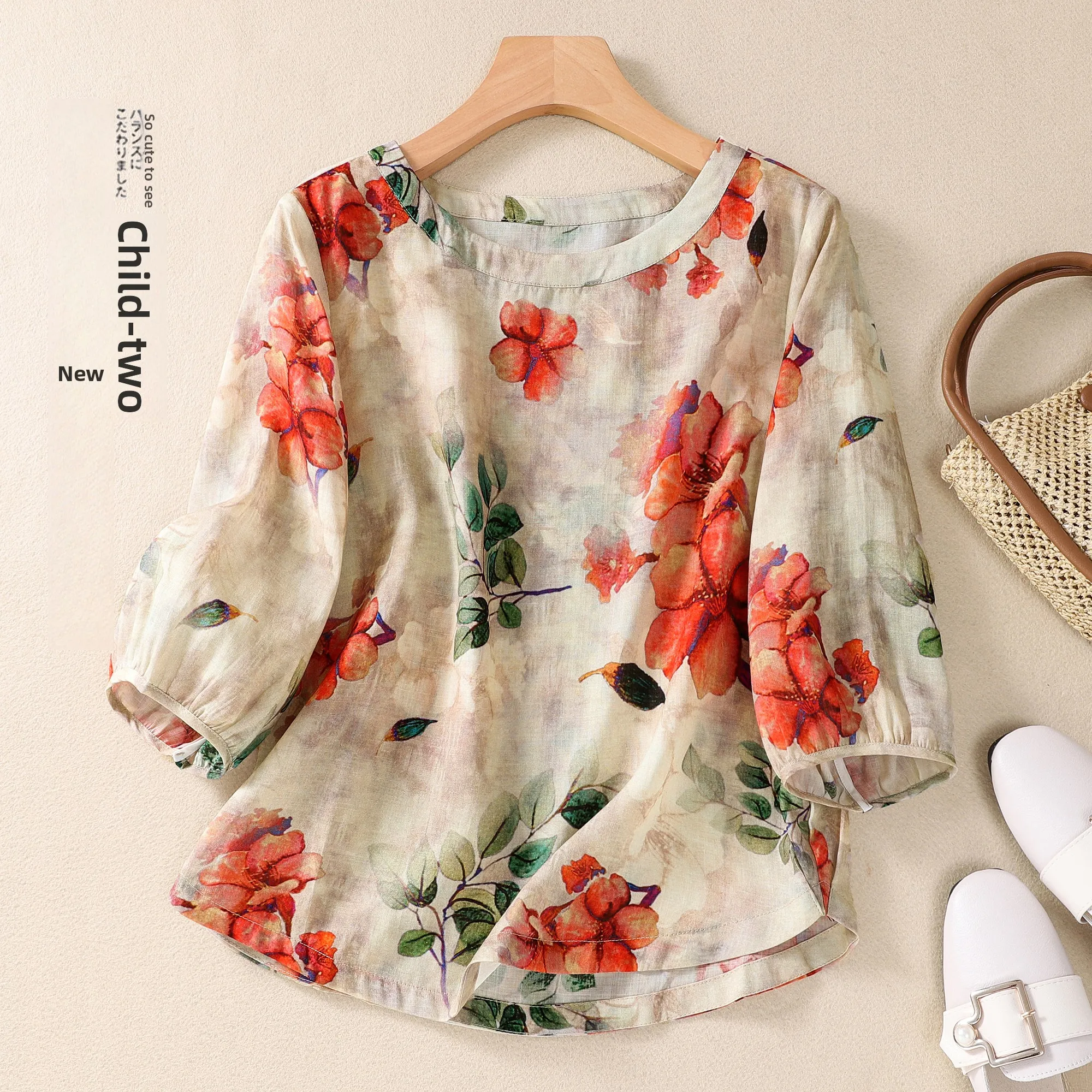 

Ele женская льняная хлопковая круглая футболка с цветочным принтом и высокой талией, универсальная летняя футболка, новое поступление