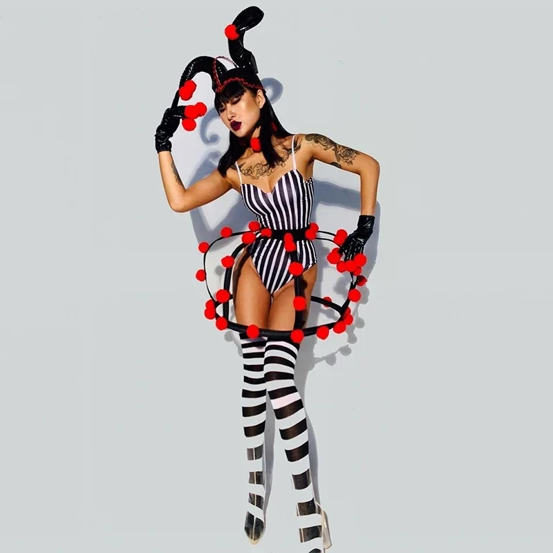 Costume de danse de spectacle de fête de Clown de cirque, body rayé noir et blanc, coiffure en corne de bœuf, tenue de scène, vêtements de discothèque de chanteur DJ