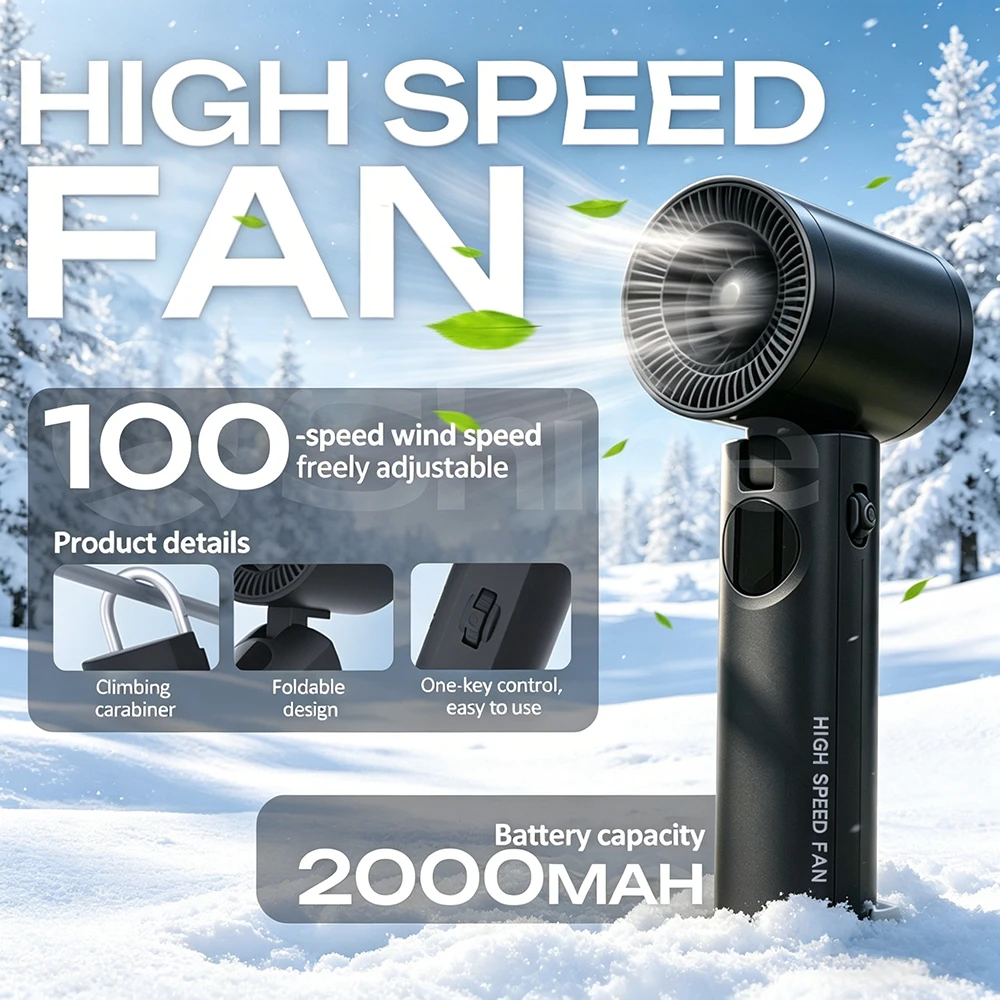 

High Speed Handheld Fan, 100 Stepless Speeds, 2000mAh Battery, LED Screen, Carabiner Outdoor Clip, Cute Mini Fan for Women