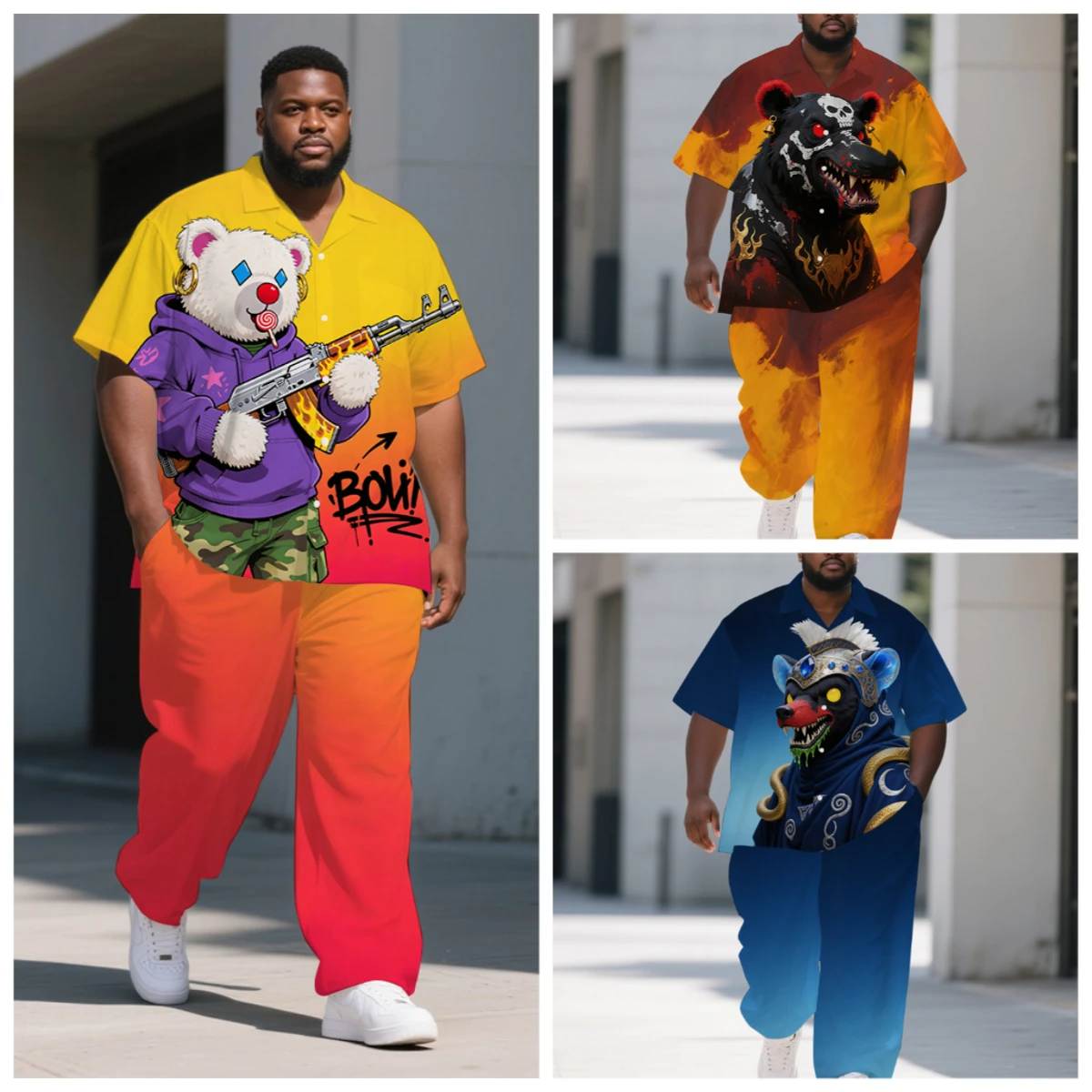 

S-9XL Men's Summer Dark Bear Print Oversized Shirt & Pants Set Multi-Design Casual 2-Piece Outfit
