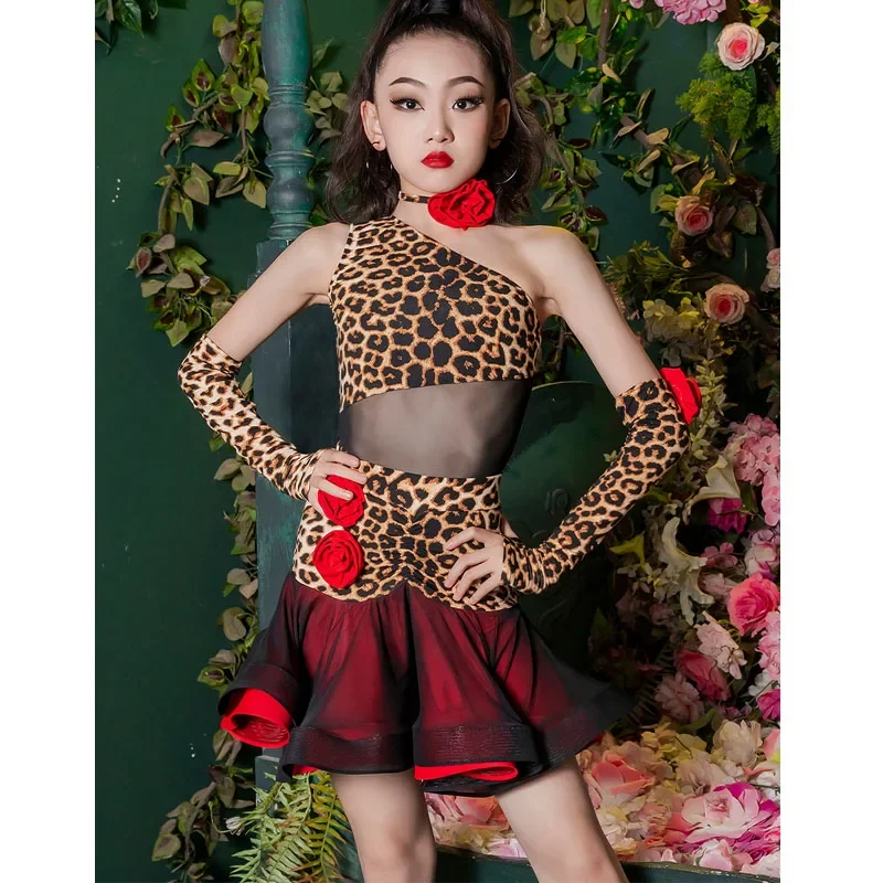 Summer new children\'s network red Latin children practice performance leopard print performance dress girls practice training dr