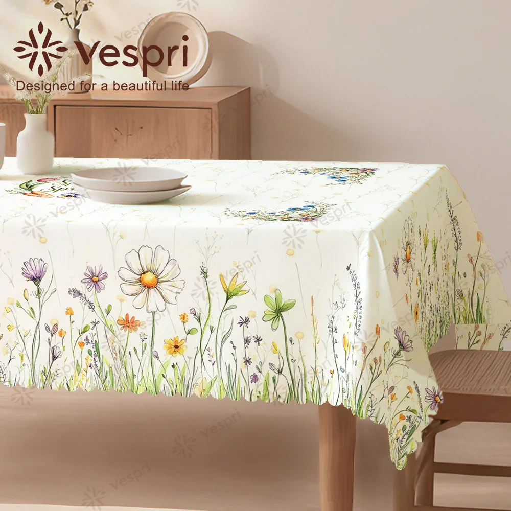 Spring farm-style wind tablecloth, wood-grain pattern, white and yellow decorations, flowers