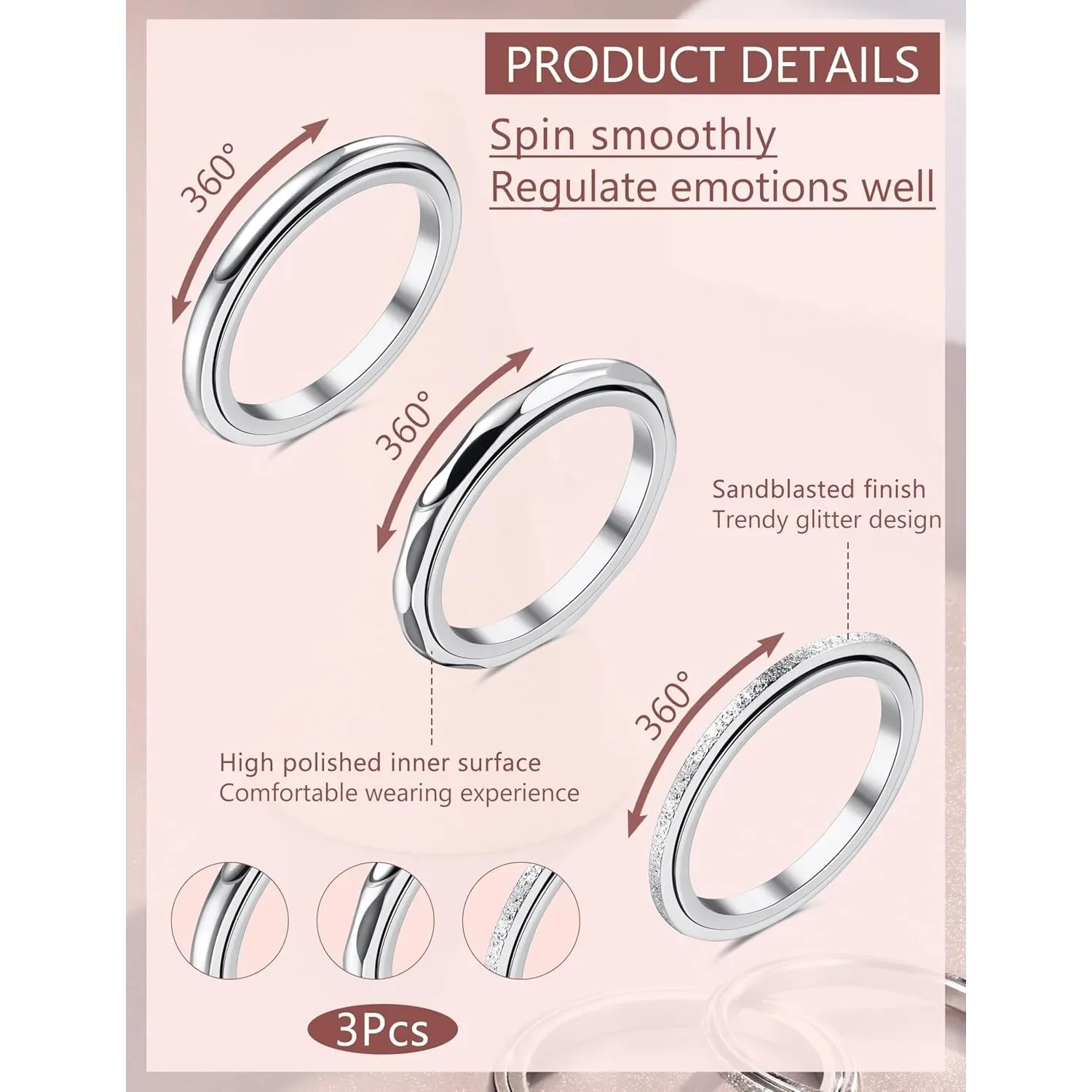 Bobisty 3Pcs Fidget Ring for Women Men Stainless Steel Rings for Relief Anxiety Anti Stress Band Thumb Spinner Ring Jewelry Gift