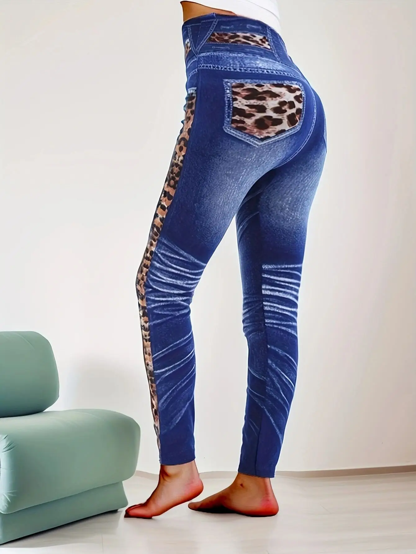 CUHAKCI Elegant and Fashionable Imitation Denim Tight Pants With Perforated Elastic Sports Comfort Casual Women\'s Underpants