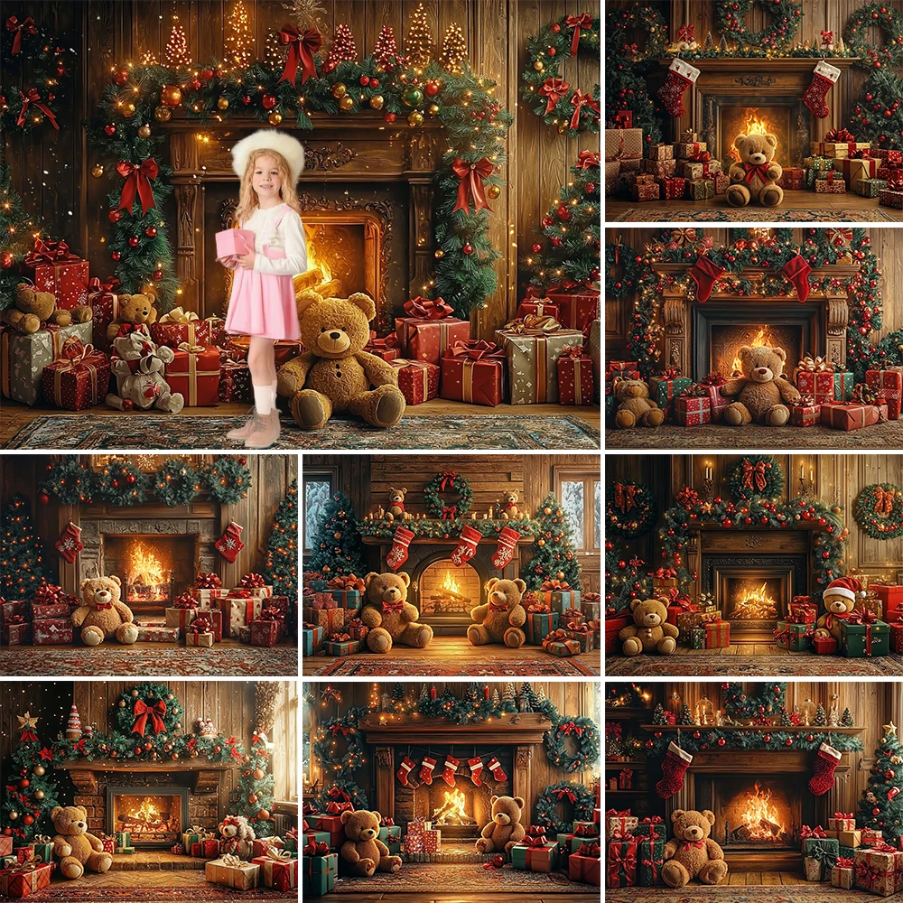 Christmas Photography Background Xmas Tree Fireplace Toy Bear Holiday Supplies Decoration Family Photo Portrait Studio Props