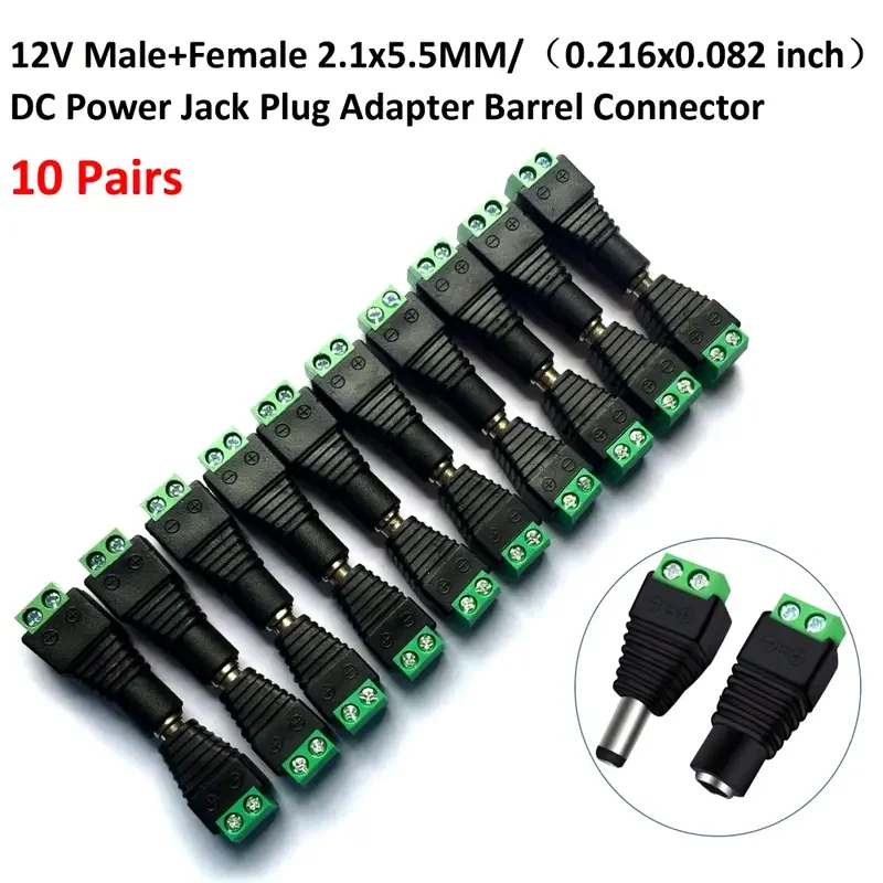 12V Power Connector Jacks Sockets Connector DC Male Female Terminals 2.1mm X 5.5mm Plug Adapter for CCTV Cameras Leds